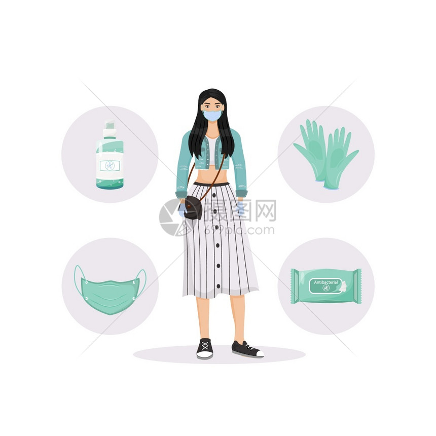 保健护戴面罩和手套2d卡通字符的妇女用于网络设计佩和消毒产品创造想法个人卫生单元概念病媒说明图片
