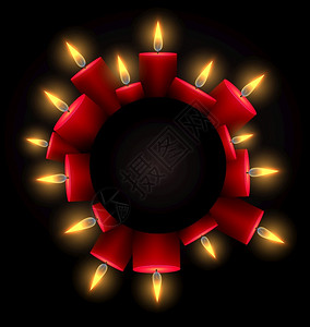 红色发光文字圆框上面有红光蜡烛和文字下的位置写上哀悼圣诞节卡片和设计的内容插画