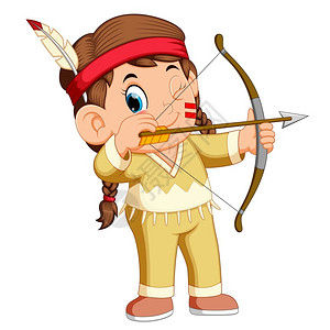 射箭儿童一个女孩美国印第安人玩射箭插画