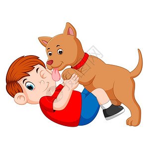 男孩玩狗和舔他的主人脸图片