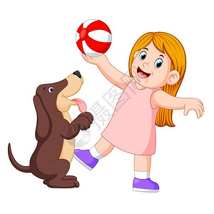 纯种狗年轻女孩与狗玩球插画