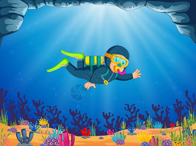 蓝布背景一个男孩在美丽的海中潜水蓝布插画
