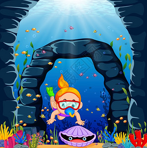 专业潜水员一个带着红泳眼镜的漂亮女孩正在抓牡蛎插画