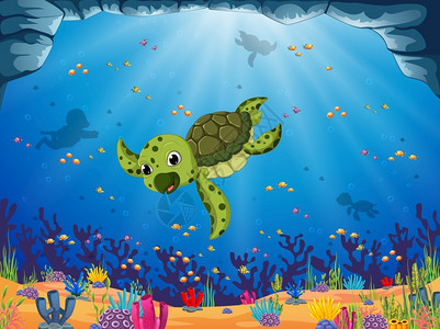 海绿色海龟在海底下游泳插画