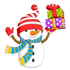 绿色帽子的雪人雪人举着一盒彩色的礼物插画