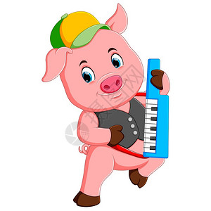 玩平板的猪粉红猪弹琴插画