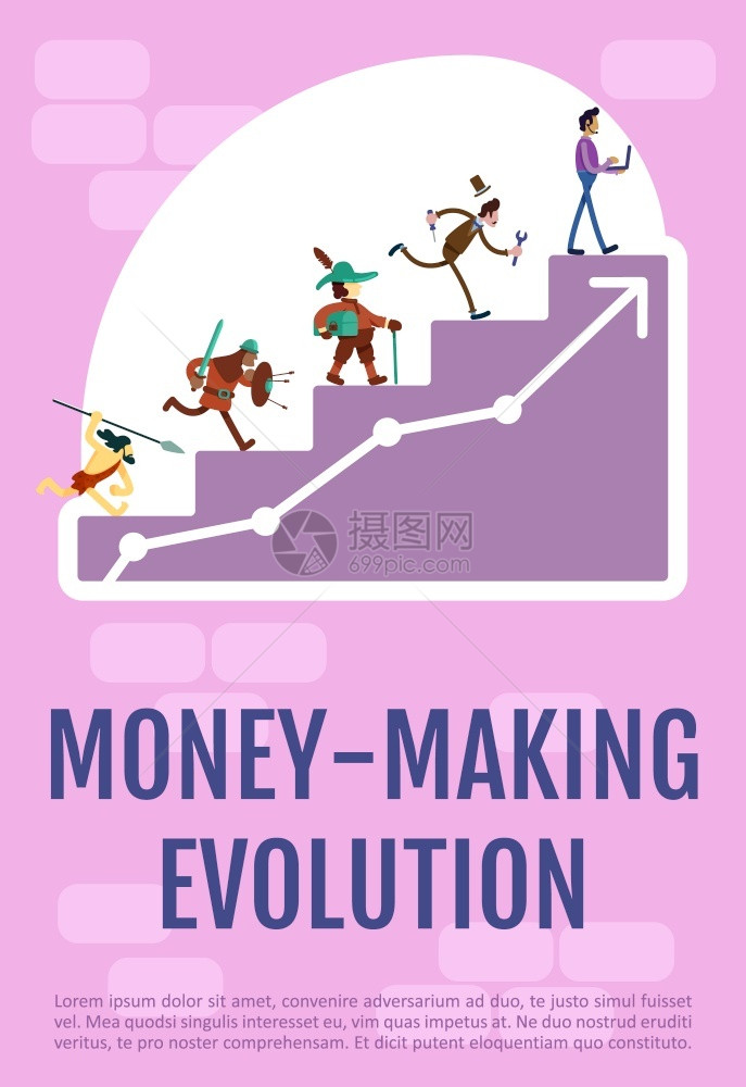 手册一页概念设计手册带有漫画人物的小册子机会传单的历史钱制造进化海报平板矢量模图片