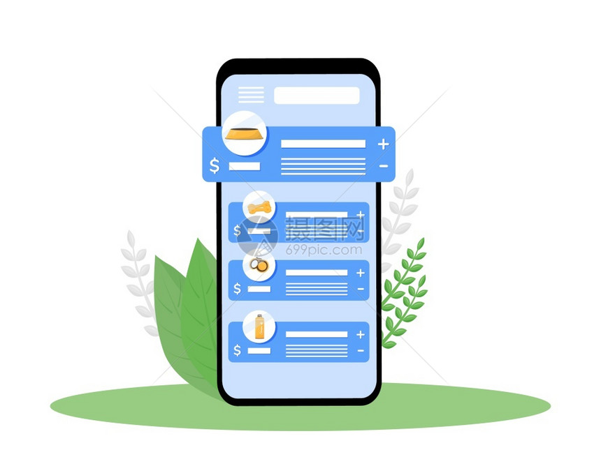 宠物商店卡通智能手机病媒应用程序屏幕为家畜选择产品为狗购买碗移动电话显示器配有平板设计模型宠物商店应用程序电话界面宠物商店卡通智图片