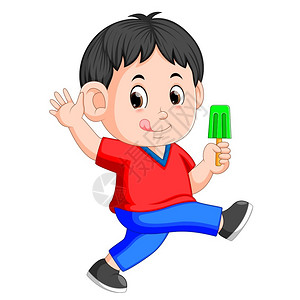 绿色冰棒可爱的小男孩喜欢吃冰棒插画