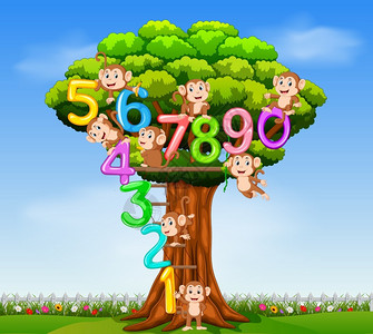 数字0到9和猴子在树上图片