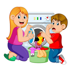 主妇洗衣服母亲和儿子洗衣服插画
