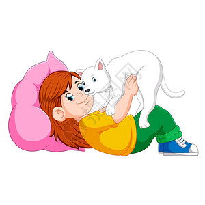 爱抚小女孩怀里抱着猫咪插画