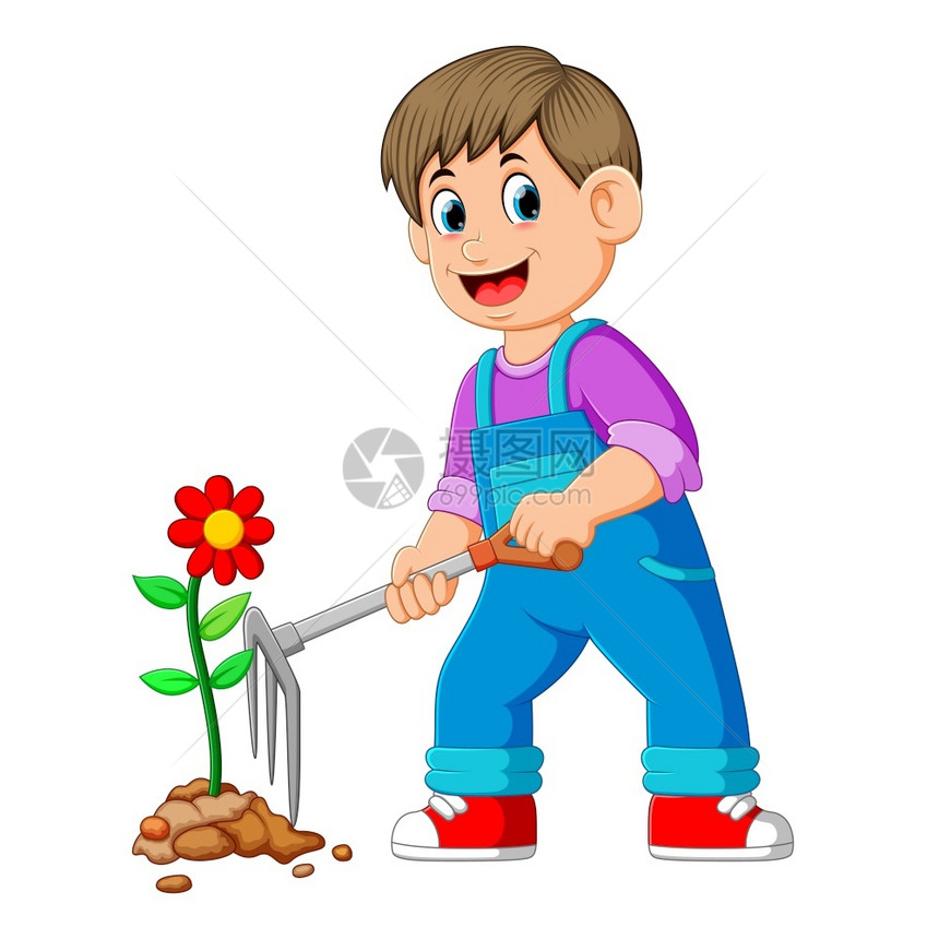 一名男孩在为花朵翻土图片