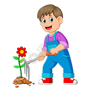 一名男孩在为花朵翻土插画