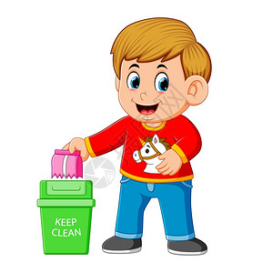 男孩在垃圾桶里用刷子保持清洁环境插画