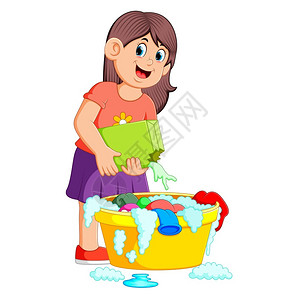 拖把布在用洗涤剂浴的盆地里用洗涤剂衣服的女子插画