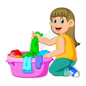 洗衣服泡沫美丽的年轻女士拿着一个洗衣服的盆子插画