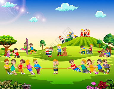 战争 儿童户外公园玩耍的快乐儿童插画