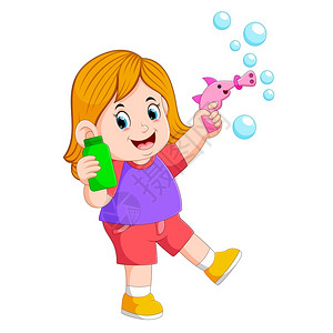 绿色宝贝女孩在玩泡泡机插画