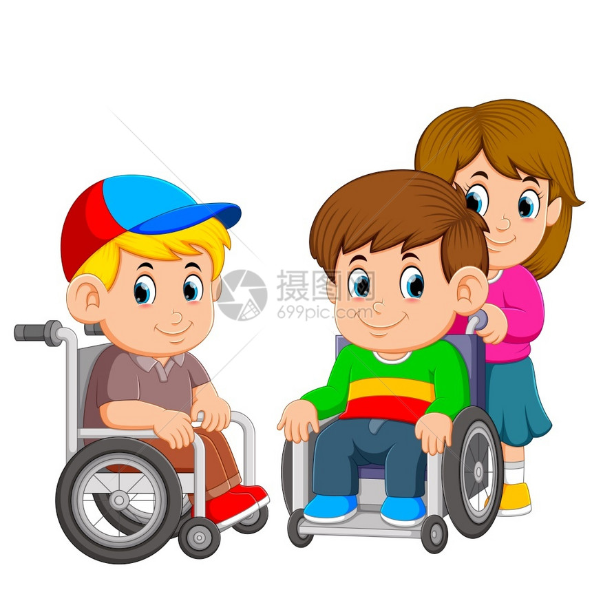 两个男孩在用轮椅女推着图片