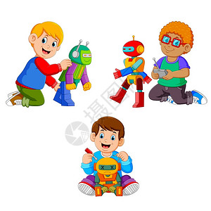 儿童玩机器人与机器人玩耍的男孩们集合插画