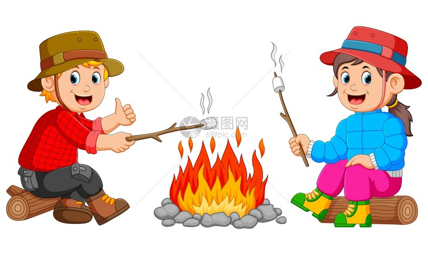 儿童正在营地烧棉花糖图片