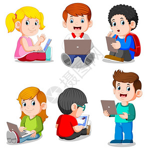 用笔记本学习的小朋友男女学生用笔记本电脑和平板学习插画