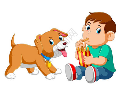 小男孩和狗一起吃薯条图片