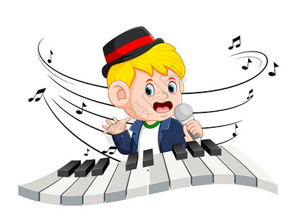 圆顶硬礼帽名人男孩唱歌和弹钢琴插画