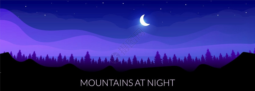 新月形小山夜晚平面的山脉夜晚平面的彩色矢量标语模板午夜时的锥形森林地的天空线野生森林树和山丘2d卡通背景插画