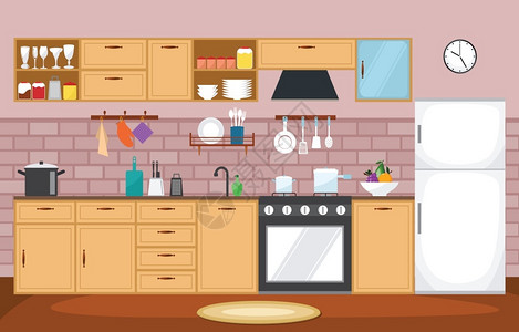 现代橱柜厨房室内家具插画