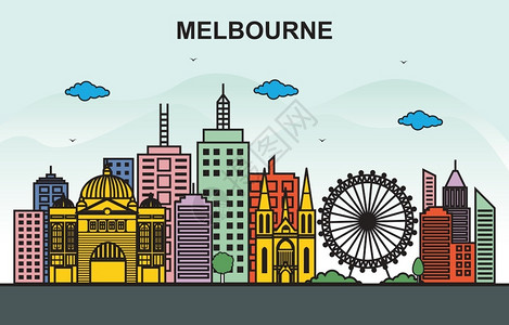 悉尼袋鼠墨尔本城市风光天际线插画