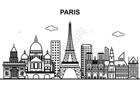 城市黑白背景黑白线条巴黎城市建筑风景插图插画