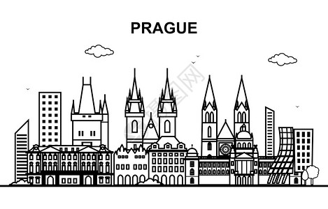 捷克黑白线条彩虹城市建筑风景插图插画