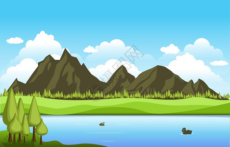 山景观领域和湖山丘绿色草地自然景观设计图片