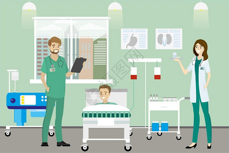男床在医院病房里的男患者和医生们卡通矢量插画插画