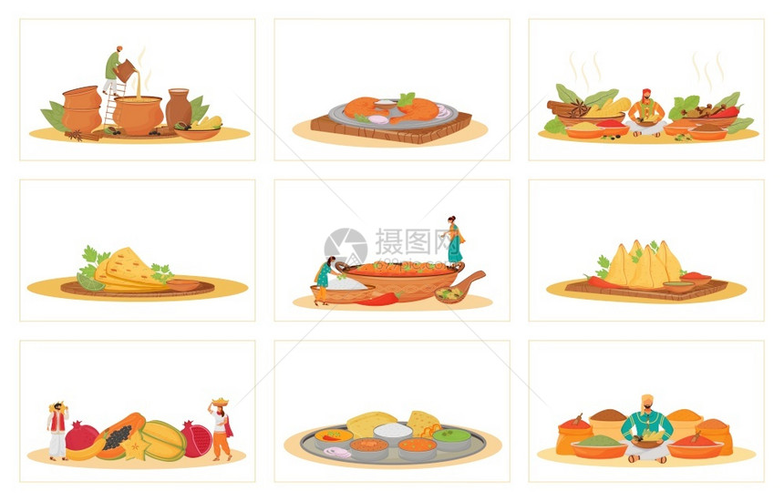 餐厅烹饪和提供比喻印度菜烹饪和仆人热带水果和香料销售商2D卡通人物图片