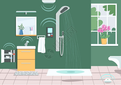 浴室电器互联网技术现代家庭生活无线技术空洗手间2D卡通内部背景有智能电器插画