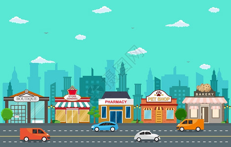 城市小商店铺业汽车行驶地貌插图图片