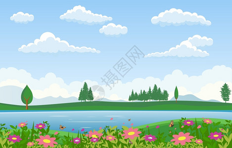湖草户外美丽的绿地蓝天风景插图插画