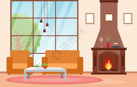 壁炉里的火室内家具矢量插图插画