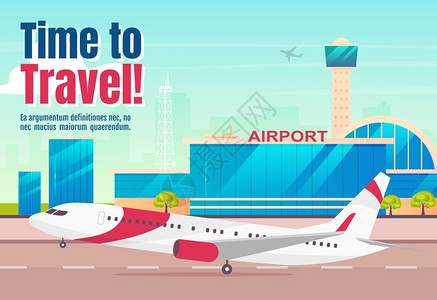 航空公司横向海报文字概念设计商用飞机带有印刷版的喷气机漫画插图背景机场插画