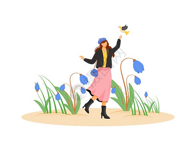 在大衣平板概念矢量插图中女快乐的士散步和在春装上摆姿与手持的鸟花朵开2D卡通字符用于网络设计春季创意理念背景图片