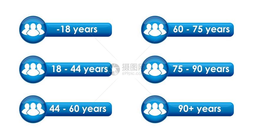 一组带有统计调查和人口与公民分类年龄限制的矢量按钮图片