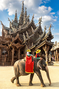paty旅游者乘大象绕着真相的圣殿在夏季日间泰国的帕达亚Paty背景