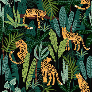 豹子背景元素潮流风格卡通可爱豹子和热带植物元素背景插画