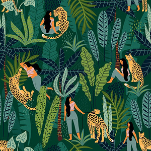 妇女豹子和热带植物背景图片