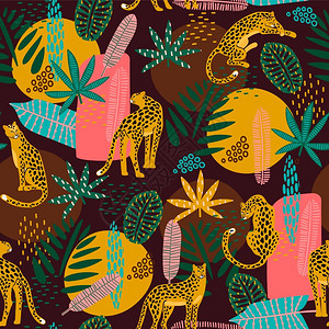 潮流风格卡通可爱豹子和热带植物元素背景高清图片