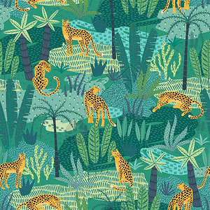 豹子背景元素潮流风格卡通可爱豹子和热带植物元素绿色背景插画
