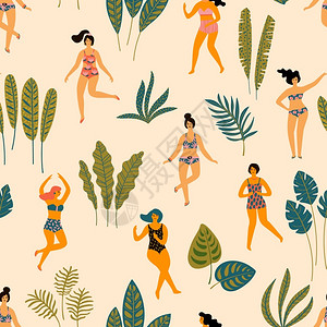 复古泳衣姐妹花与泳衣和热带棕榈叶中的舞女无缝模式夏季派对概念的设计元素及其他用途插画